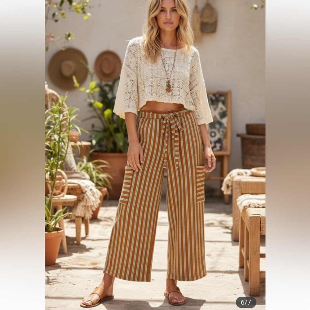 557. Terry cloth striped wide leg belted cargo pant in brown and green